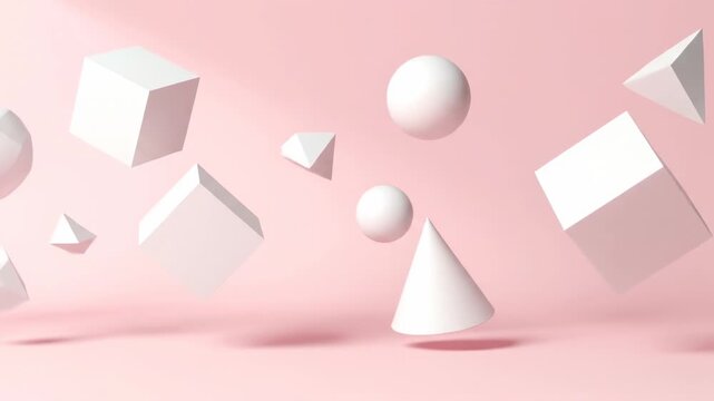 Floating white geometric shapes against a pastel pink background