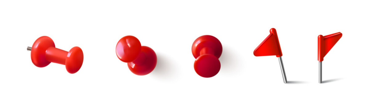 Red thumbtack pin icons with shadow, 3d realistic vector set isolated on white background. Pushpin design of different kinds for office board, paper notes, and memo fixation