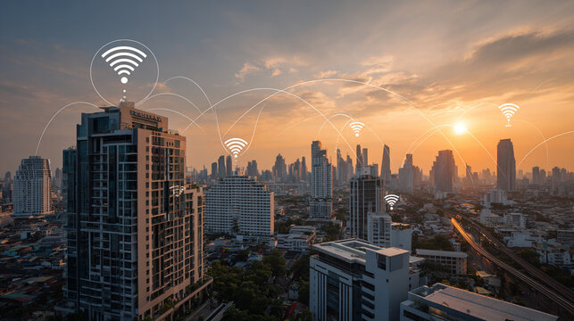 Smart city with connection network reciprocity over the cityscape social media networking systems that connects on the peak of success amid tall, innovative Smart city and graphs with statistics
