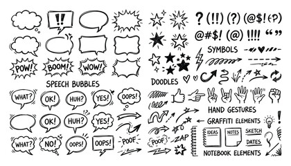 Hand drawn doodle elements collection speech bubbles symbols gestures and notebook graphics © Craft Designer