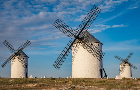 Traditional windmills on a hill in Campo de Criptana, one of the most famous landmarks of Castilla-La Mancha and a symbol of the landscape associated with Don Quixote.