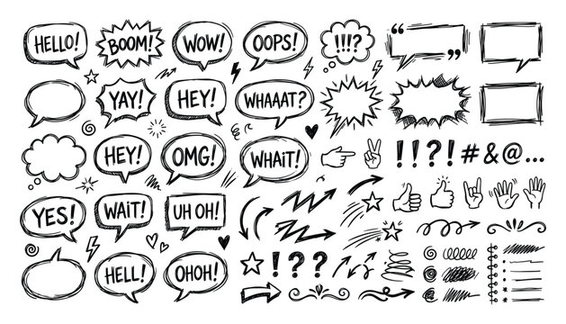 Hand drawn speech bubbles doodles and gestures collection for creative projects