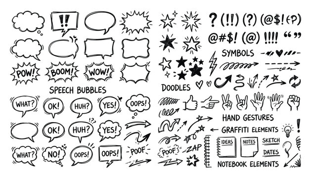 Hand drawn doodle elements collection speech bubbles symbols gestures and notebook graphics