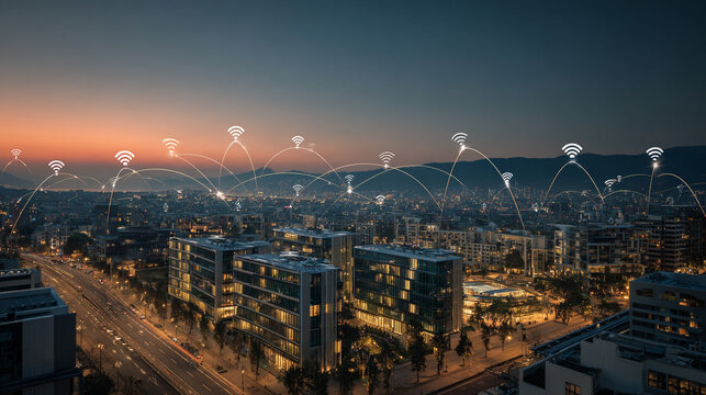 Smart city with connection network reciprocity over the cityscape social media networking systems that connects on the peak of success amid tall, innovative Smart city and graphs with statistics
