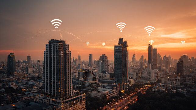 Smart city with connection network reciprocity over the cityscape social media networking systems that connects on the peak of success amid tall, innovative Smart city and graphs with statistics
