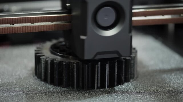 Industrial 3D printer manufacturing a plastic gear component using additive technology. Automated production process for engineering, prototyping and product development.
