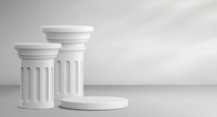 Obraz premium White marble stone roman podium, classic greek column stand for presentation, 3d realistic vector background. Ancient pillar pedestal for premium product display, museum exhibition, empty round base