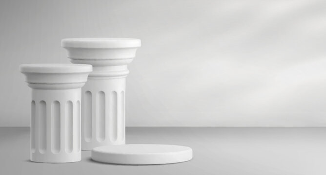 White marble stone roman podium, classic greek column stand for presentation, 3d realistic vector background. Ancient pillar pedestal for premium product display, museum exhibition, empty round base