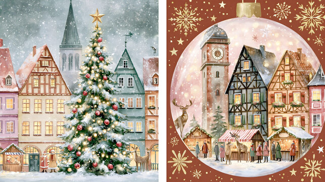 a beautiful split-screen watercolor illustration showcases a snow-dusted town square with a massive Christmas tree, alongside a festive winter market captured inside a glass ornament
