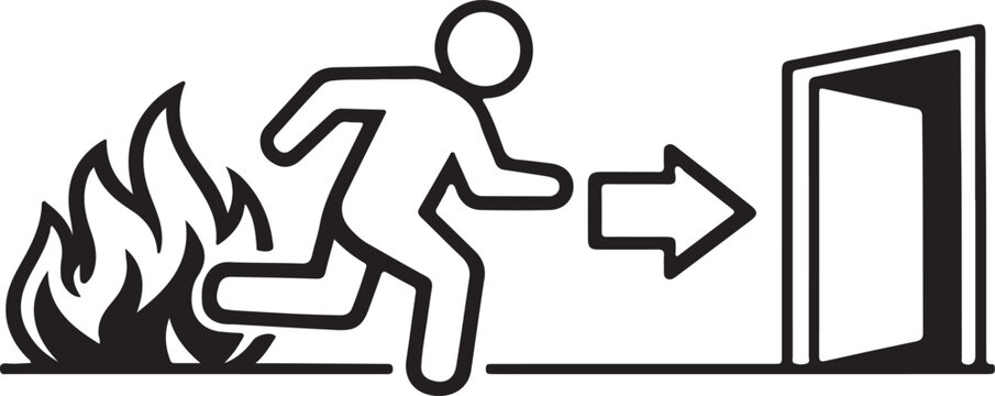 Fire escape icon person running from flames towards an open door with an arrow safety symbol for emergency situations