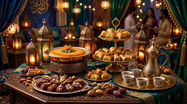 Ramadan Iftar Feast with Traditional Desserts and Arabic Coffee in a Festive Setting