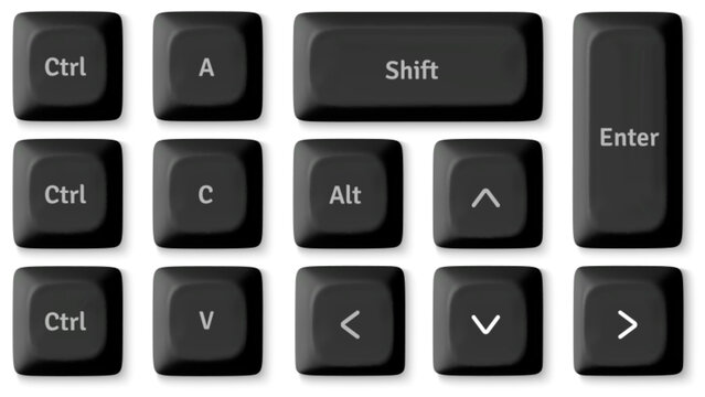 Modern 3D keyboard buttons isolated on white background. Vector realistic illustration of black keycaps top view, personal computer control set, pc hardware, desktop design elements
