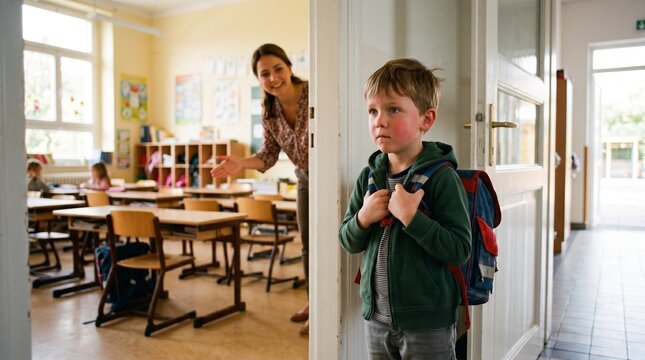 Young Child Frozen in Doorway After Walking Into Wrong Classroom Full of Older Students on First Day of School