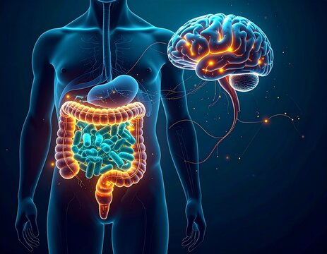 Human Gut Microbiome as Second Brain &ndash; Gut-Brain Axis Connection, Glowing Bacteria in Digestive System, Scientific 3D Medical Illustration, Gut Health and Mood Influence