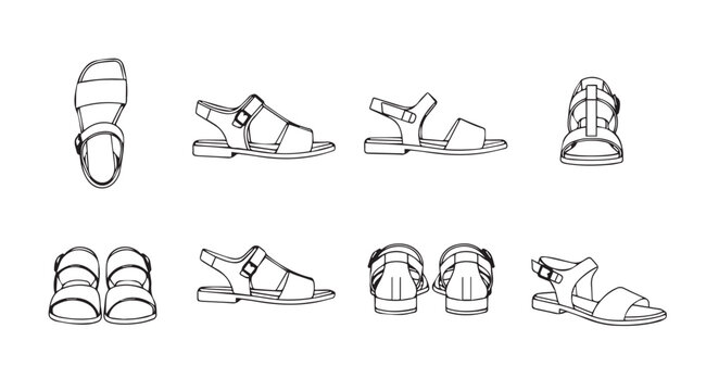 Multiple views of a simple leather sandal design with straps and buckles for fashion illustration