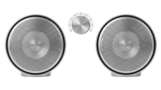 Modern metallic speakers with a volume control knob isolated on transparent background