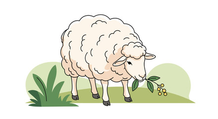 Obraz premium Fluffy white sheep grazing on a green hill and eating a small branch with yellow berries in a peaceful pastoral scene.