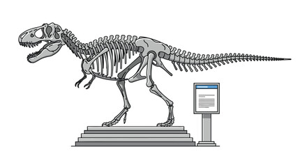 Fototapeta premium Large Tyrannosaurus Rex dinosaur skeleton display in a museum with an information sign on a gray platform base.