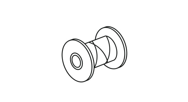 Detailed line drawing of a spool of thread or wire, representing sewing, crafts, and industrial manufacturing themes.