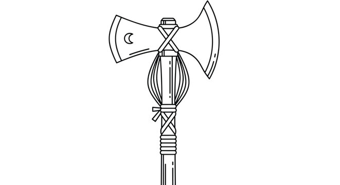 Ceremonial double headed battle axe with intricate bindings and a crescent moon symbol on the blade in black line art.