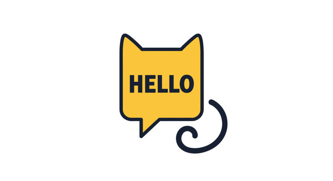 Yellow cat head shaped speech bubble with HELLO text and a curled tail, representing friendly chat or communication.