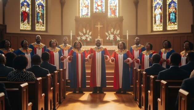 Joyful African American church service with choir singing gospel music in celebration of freedom and heritage for Juneteenth concept, warm cinematic light