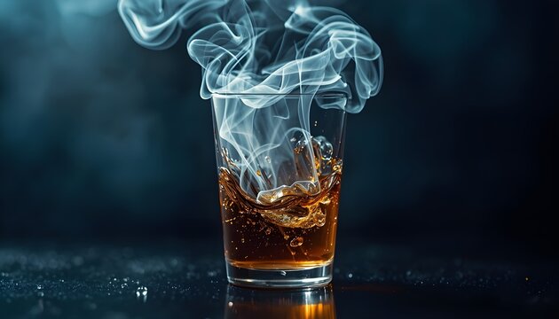 Amber whiskey drink in clear glass with swirling liquid and rising smoke plume against dark dramatic background