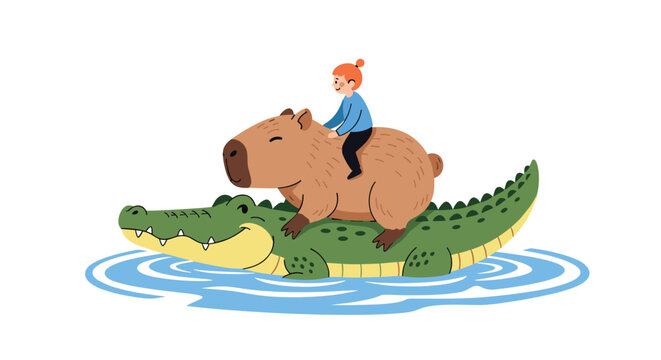 Imaginative scene of a small child riding on the back of a capybara that is floating on the back of a large green crocodile in water.