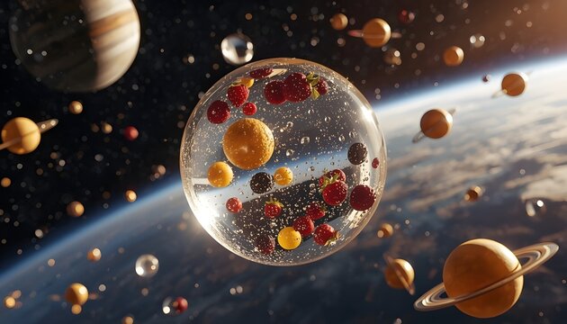 Surreal cosmic sphere with planets and molecular structures floating in outer space illuminated horizon