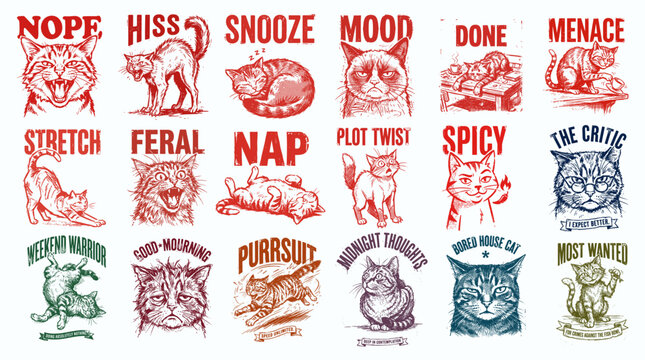 Vintage Funny Cat Mood T-Shirt Design Bundle with Grumpy Feline Quotes and Retro Illustrations