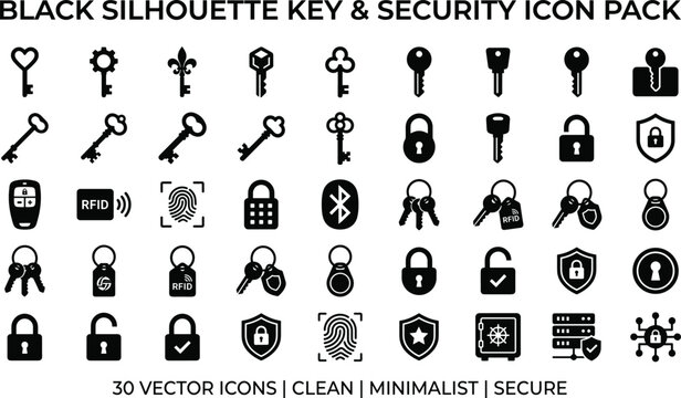 Black silhouette key and security icon set vector illustration