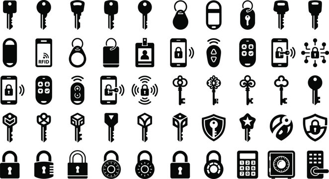 Security icons set keys locks mobile access and digital protection symbols