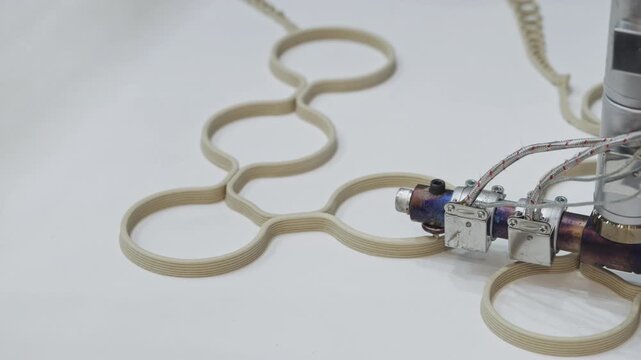 Robotic additive manufacturing system creating a large scale layered structure. Automated extrusion technology for industrial production, construction and engineering applications.