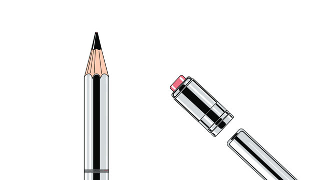 Mechanical pencil and an eraser refill component shown separately in a sleek silver design for school, art, and office supplies.