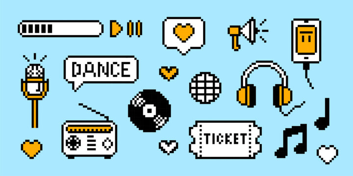 Pixel art music icons set isolated on blue background. Vector set of 8-bit computer symbols for radio or media player software ui, retro 90s disco ball, speaker and headphones, notes, cd and ticket