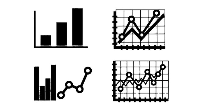 Minimal black silhouette icon, simple flat vector, bold black shape, no, no shading set of business charts and graphs icons on a, flat icon style