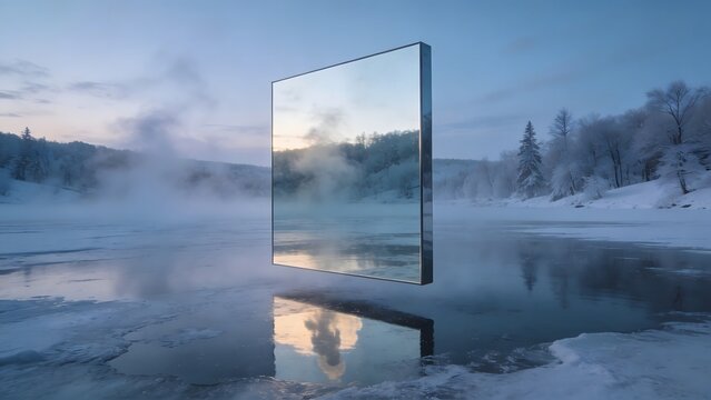 A surreal conceptual image of a large rectangular mirror floating over a frozen lake during winter with mist, reflecting the sky and surroundings, representing self-reflection and new perspectives.