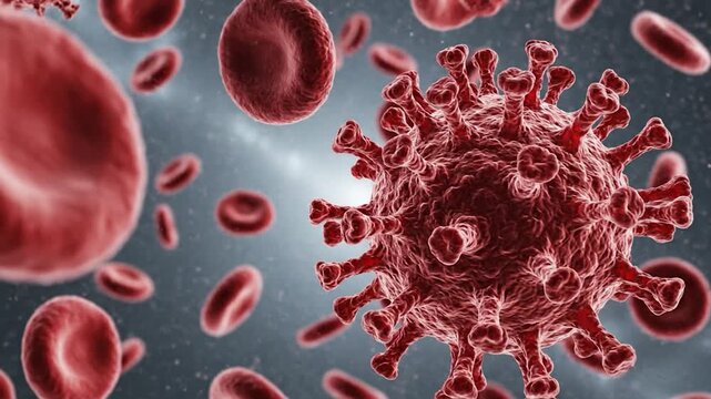 Microscopic 3D illustration of a virus particle surrounded by red blood cells in the bloodstream