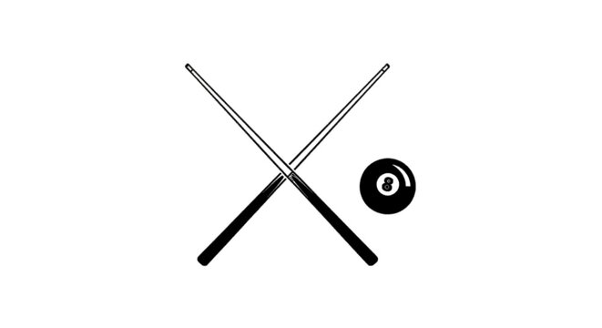 Minimal black silhouette icon, simple flat vector, bold black shape, no, no shading crossed billiard cues and black 8 ball on a, flat icon style