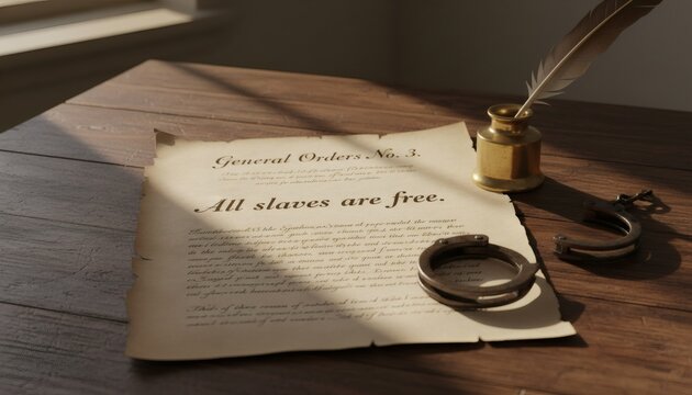 Historical Juneteenth General Orders No 3 proclamation document on a wooden desk with broken shackles and quill for reading of emancipation and freedom concept