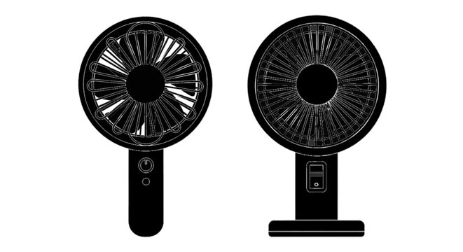 Minimal black silhouette icon, simple flat vector, bold black shape, no, no shading set of portable handheld and desktop electric fans on a, flat icon style