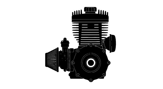 Minimal black silhouette icon, simple flat vector, bold black shape, no, no shading silhouette of a small twostroke internal combustion engine on a, flat icon style