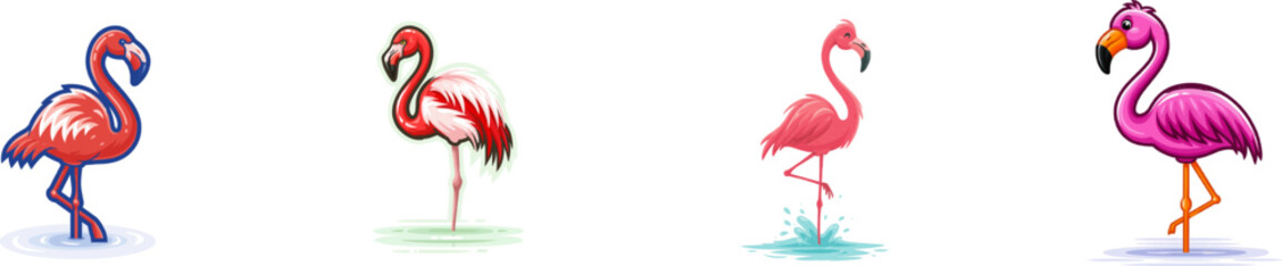 Fototapeta premium A cheerful pink flamingo stands gracefully on one leg in vibrant water, rendered with bold clean lines and high contrast for vector tracing