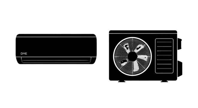Minimal black silhouette icon, simple flat vector, bold black shape, no, no shading split system air conditioner indoor and outdoor units on a, flat icon style