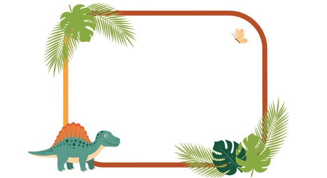Decorative frame for kids featuring a green dinosaur and tropical palm leaves for nursery art and child bedroom.