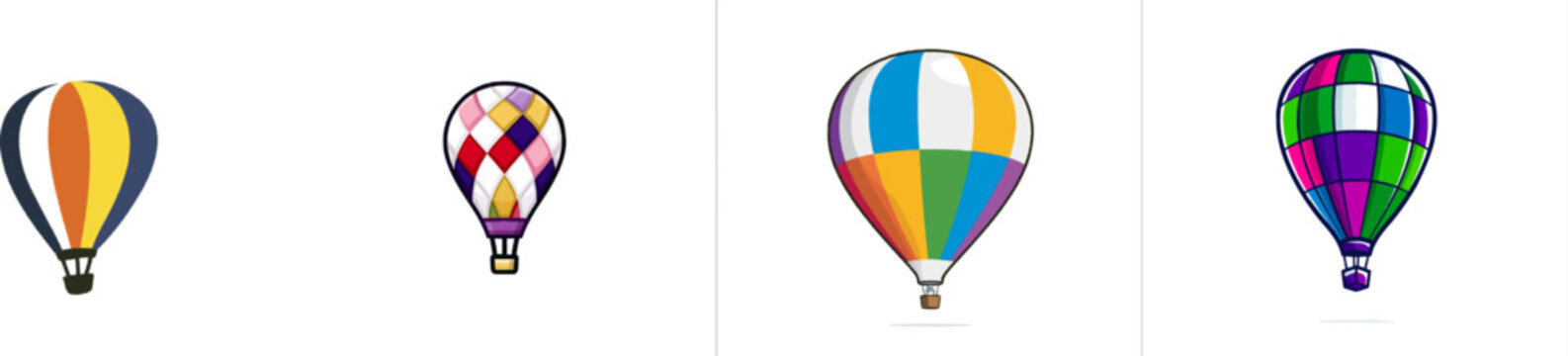 A whimsical hot air balloon, crafted from a vibrant patchwork quilt design, floats against a stark white background in bold, clean lines with high contrast for vector tracing