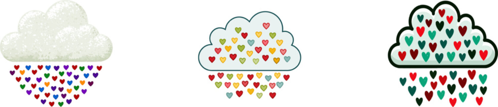 A whimsical cloud illustration in bold, clean lines showers tiny, colorful hearts instead of water drops, set against a solid white background