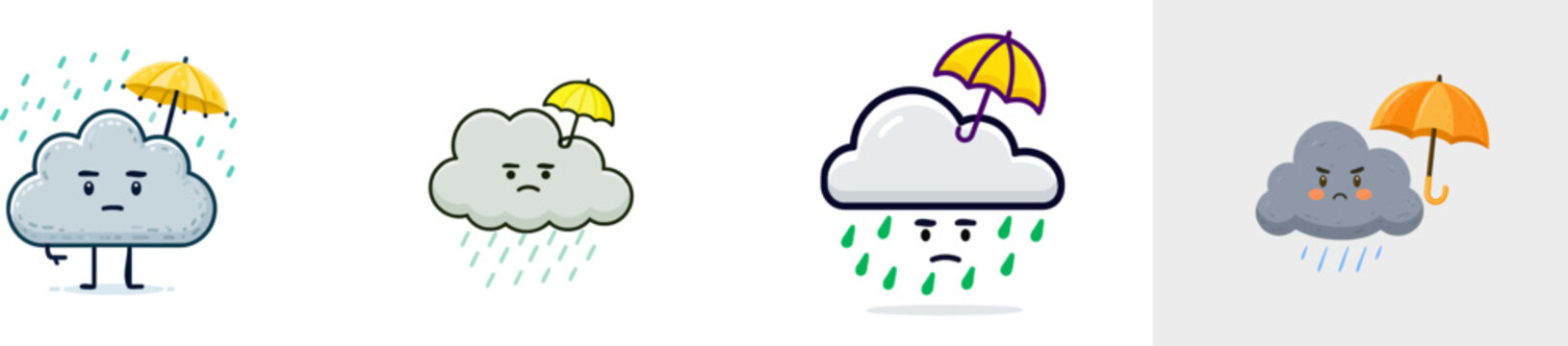 A grumpy grey raincloud holds a tiny yellow umbrella to stay dry amidst falling raindrops, rendered in vibrant, whimsical child-drawn style with bold outlines on a solid white background