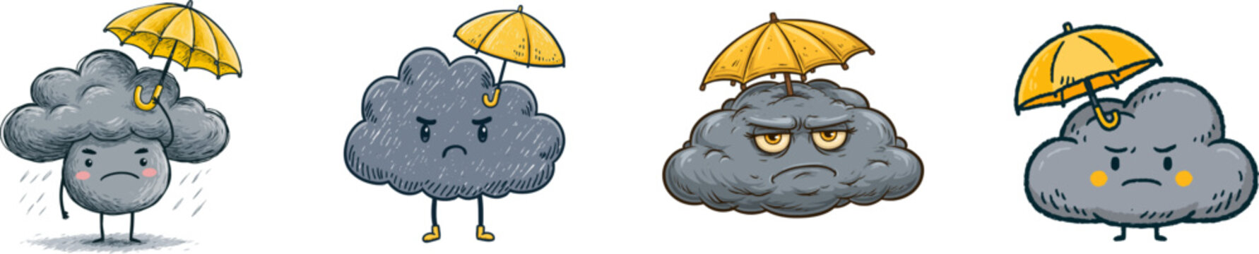 A grumpy grey raincloud with a tiny yellow umbrella stands cheerfully amidst falling raindrops on a solid white background, showcasing vibrant colors and bold outlines in a whimsical child-drawn style