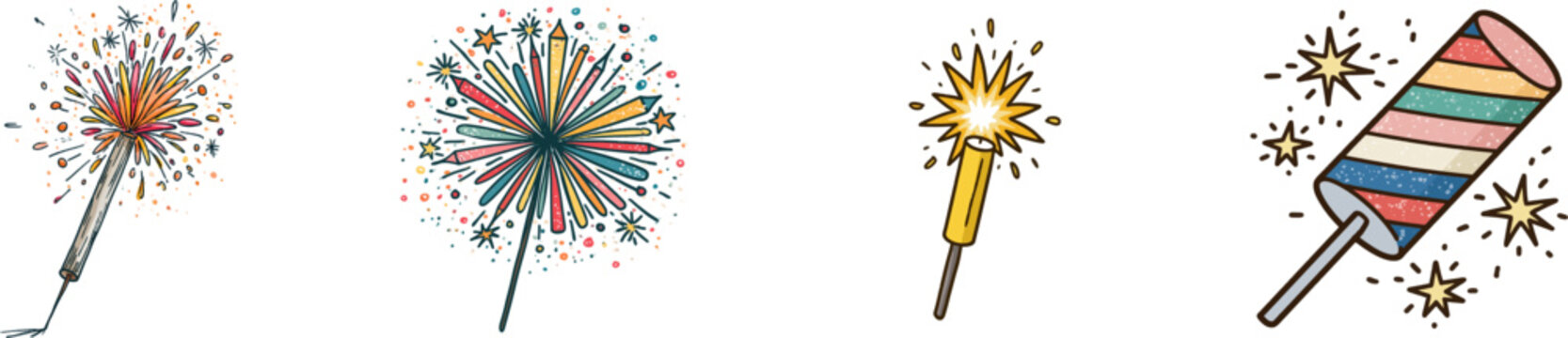 A vibrant doodle illustration of a handheld sparkler bursts with colorful sparks against a stark white background, exuding a whimsical charm in its bold, clean lines and cheerful hues